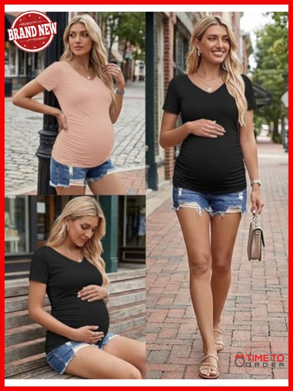 4 Pack Maternity V Neck Short Sleeve Side Ruched T-Shirts - Picture 2 of 6